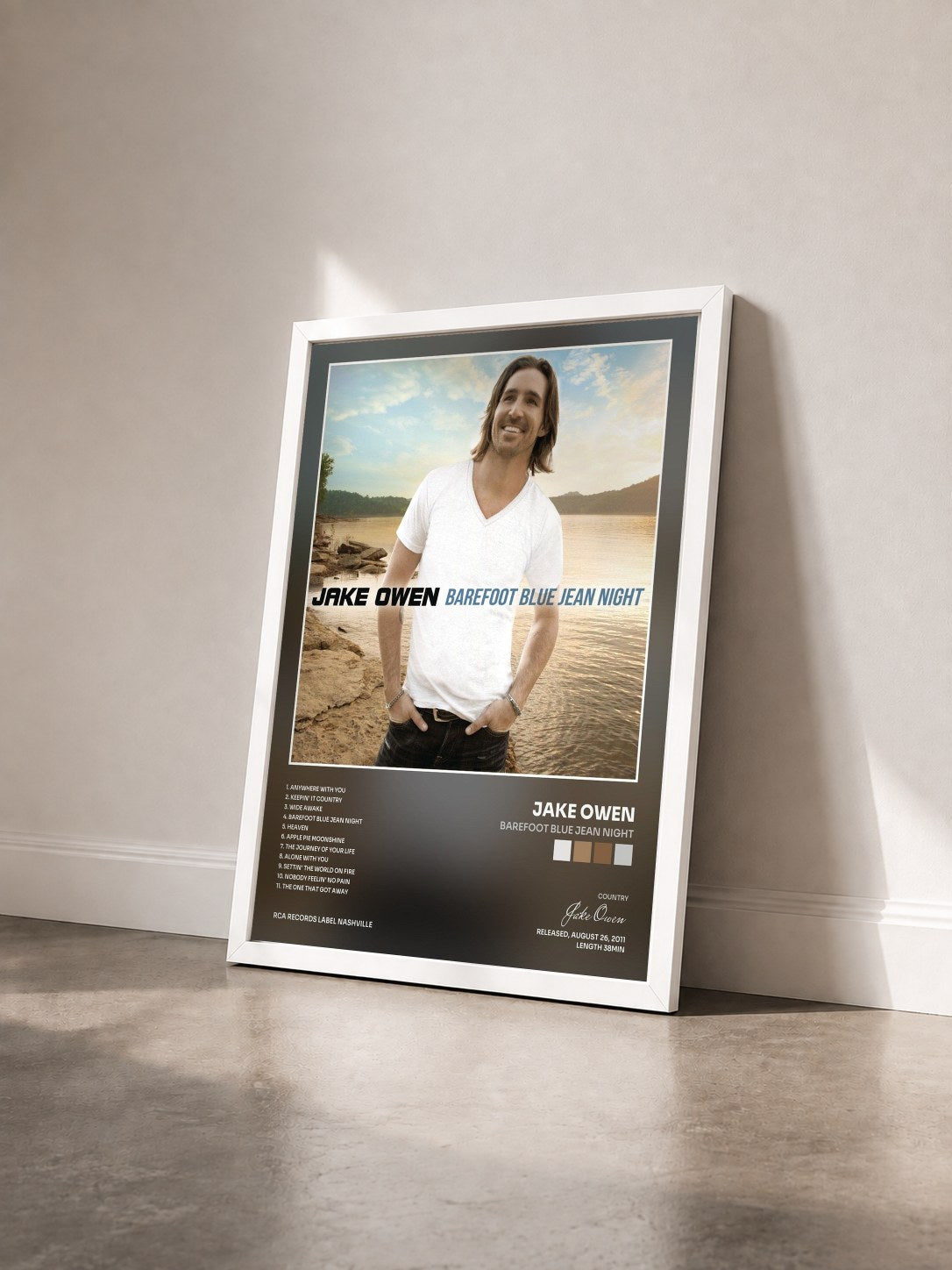 #blanc Tableau de l'album Barefoot Blue Jean Night de Jake Owen vu de trois quarts, cadre blanc