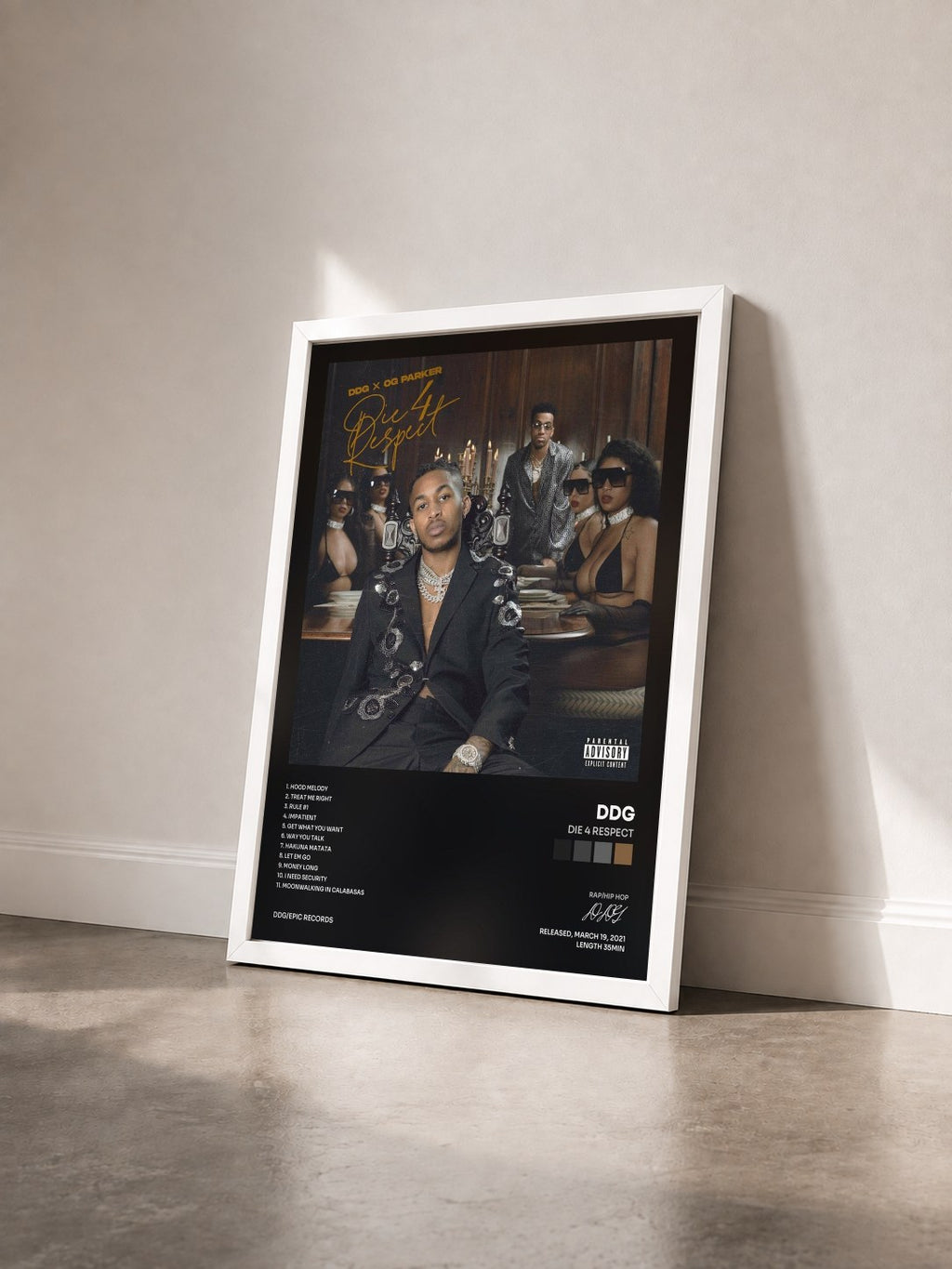 #blanc Tableau de l'album Die 4 Respect de DDG vu de trois quarts, cadre blanc