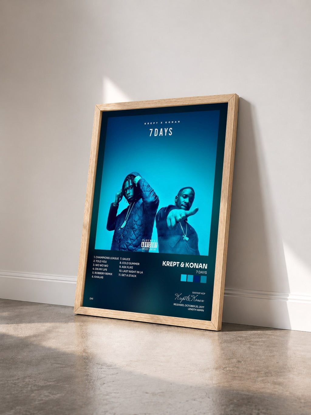#bois Tableau de l'album 7 Days de Krept & Konan vu de trois quarts, cadre en bois brut