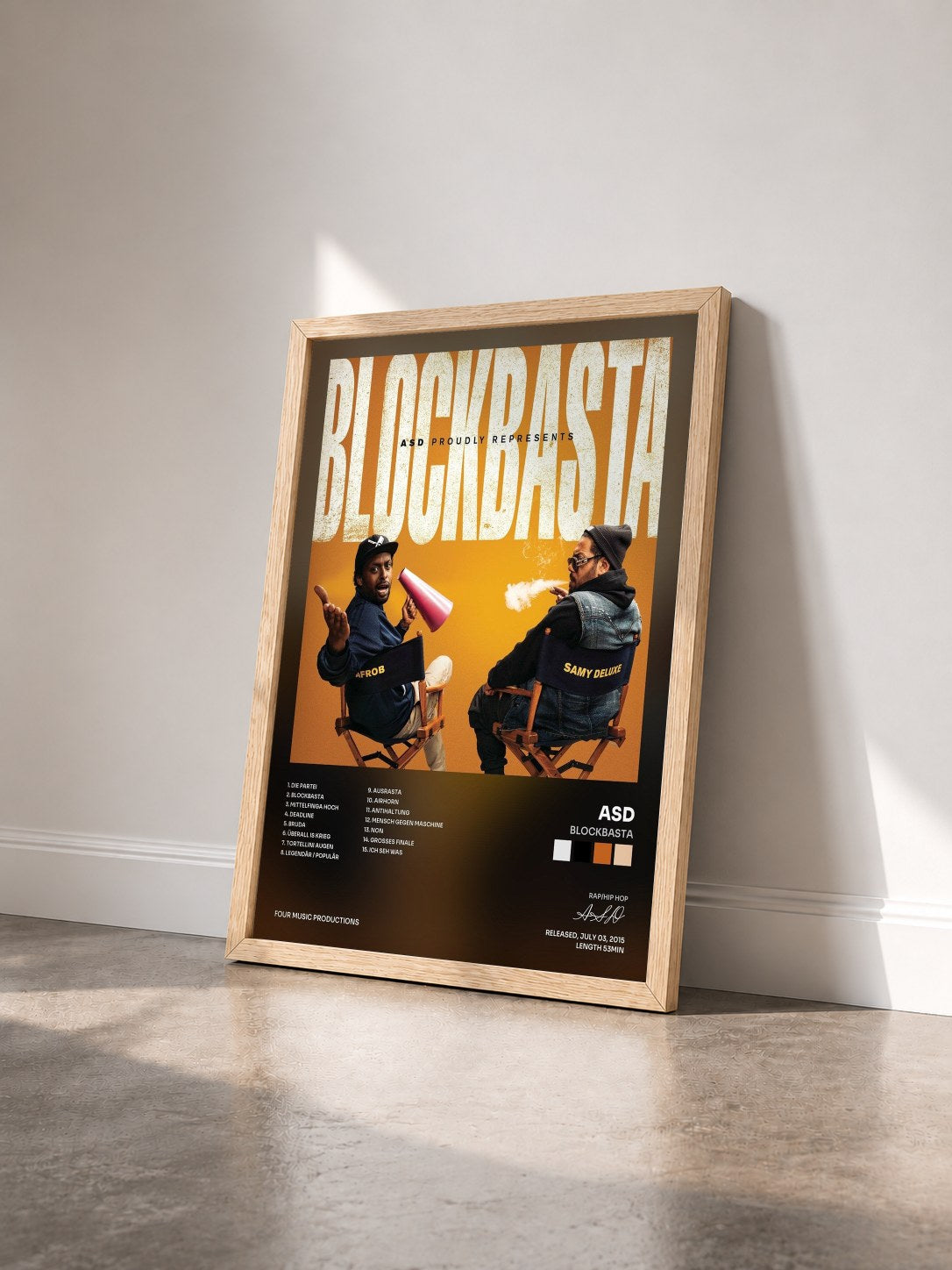 #bois Tableau de l'album Blockbasta de ASD vu de trois quarts, cadre en bois brut
