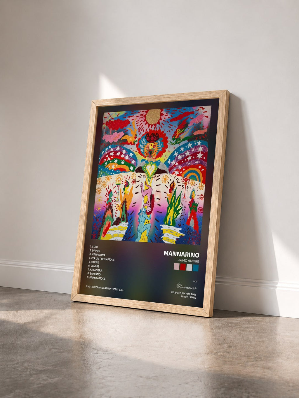 #bois Tableau de l'album Primo amore de Mannarino vu de trois quarts, cadre en bois brut