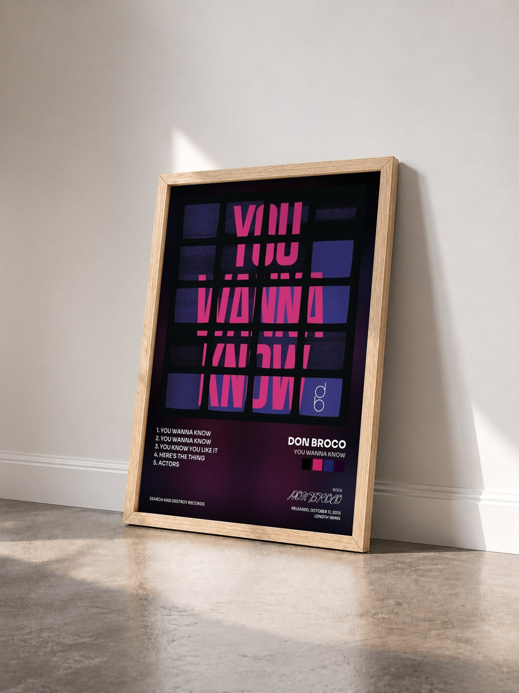 #bois Tableau de l'album You Wanna Know de DON BROCO vu de trois quarts, cadre en bois brut