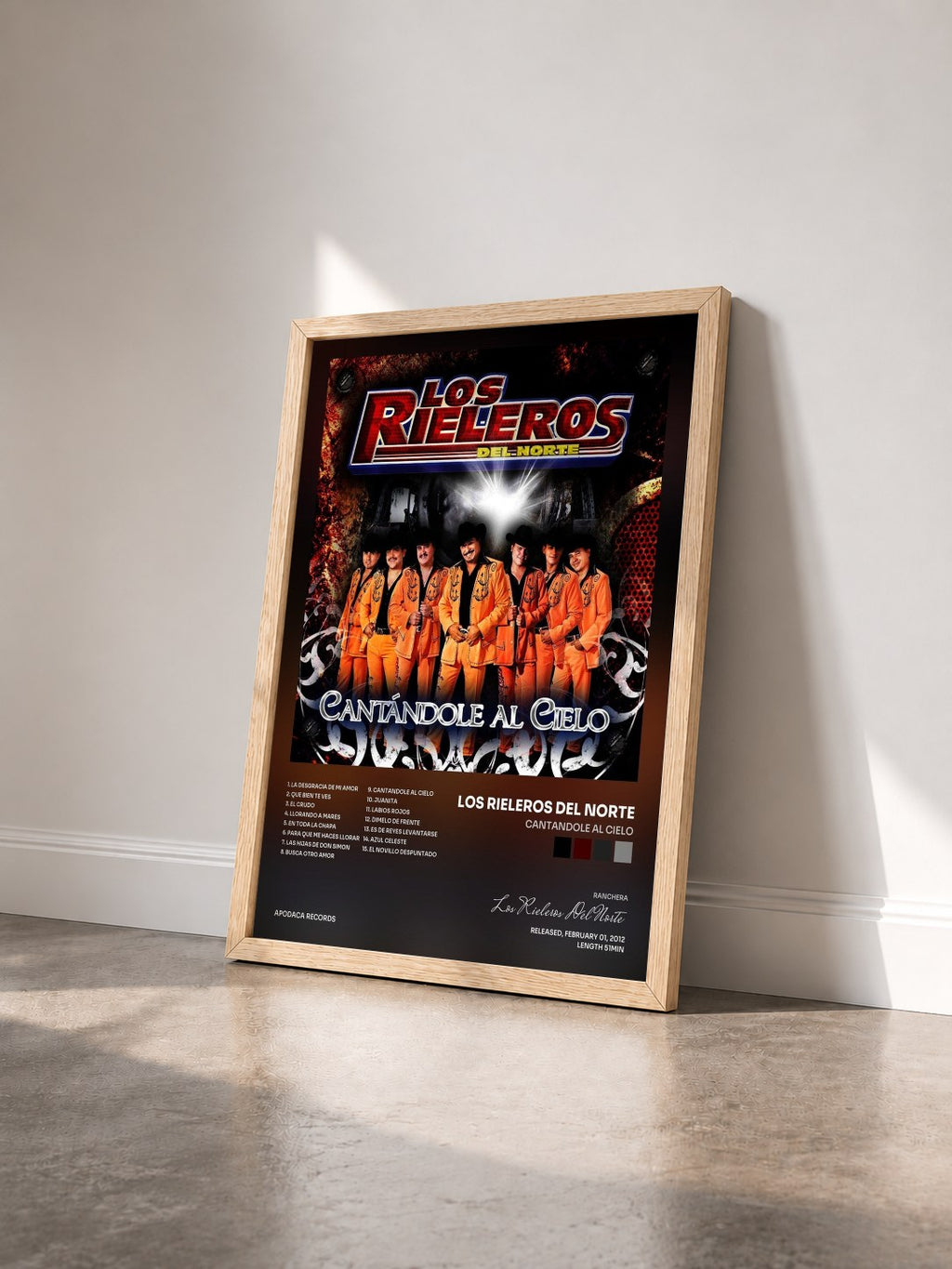 #bois Tableau de l'album Cantandole al Cielo de Los Rieleros Del Norte vu de trois quarts, cadre en bois brut