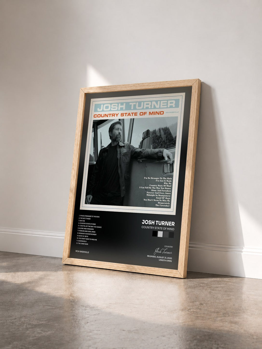 #bois Tableau de l'album Country State Of Mind de Josh Turner vu de trois quarts, cadre en bois brut