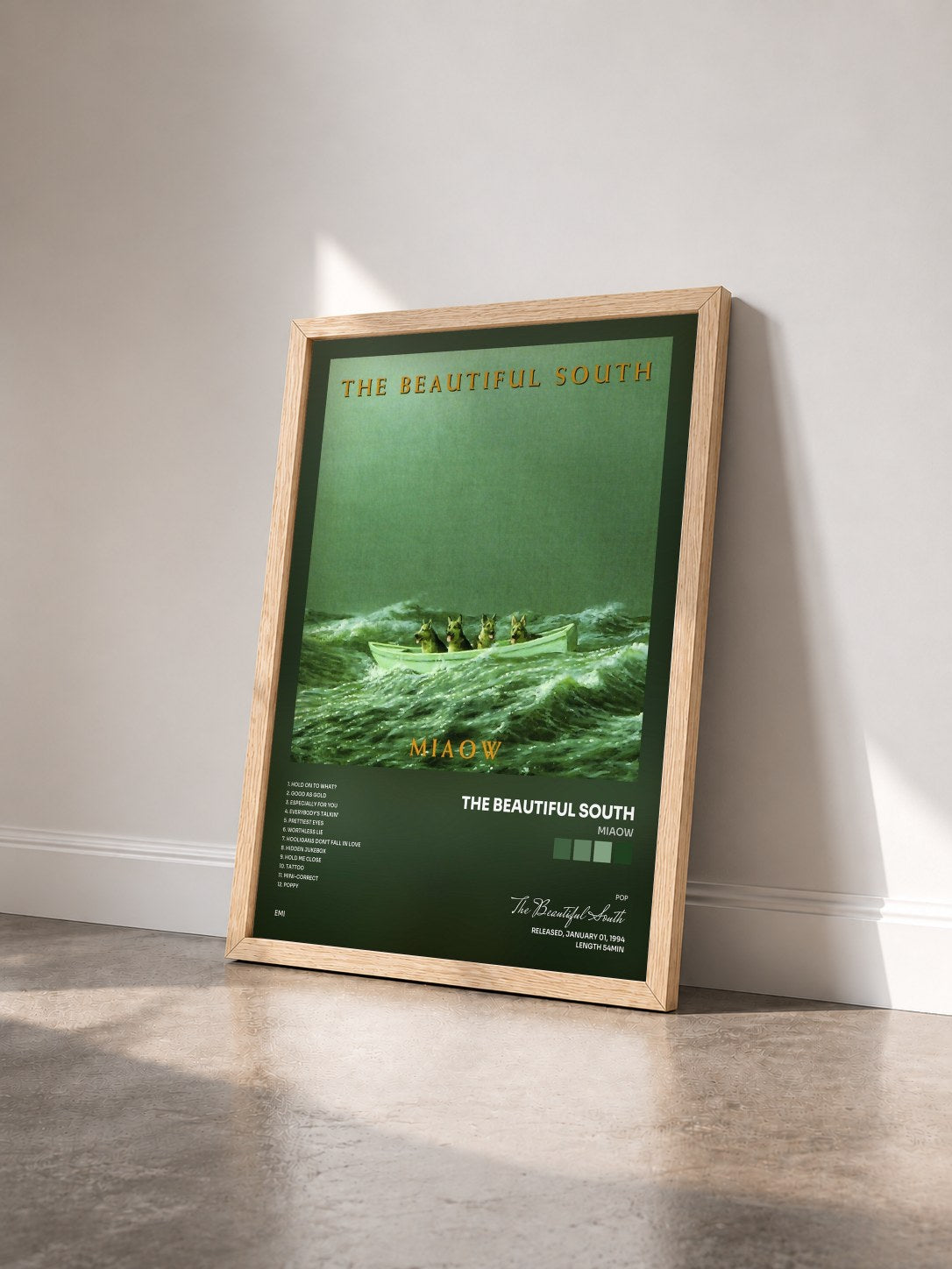 #bois Tableau de l'album Miaow de The Beautiful South vu de trois quarts, cadre en bois brut