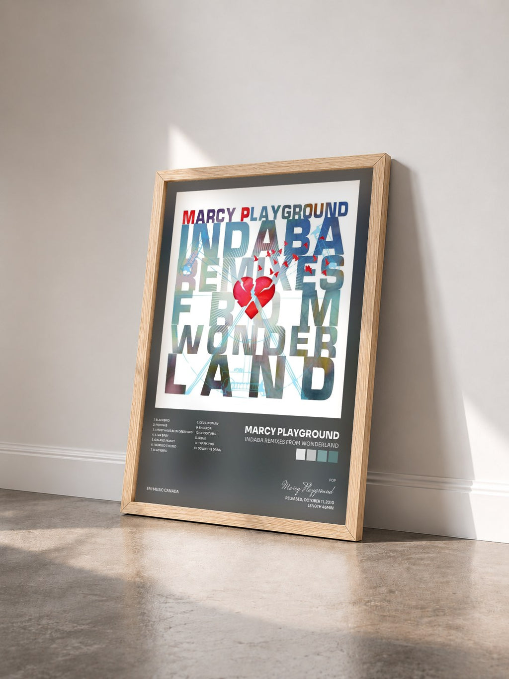 #bois Tableau de l'album Indaba Remixes From Wonderland de Marcy Playground vu de trois quarts, cadre en bois brut