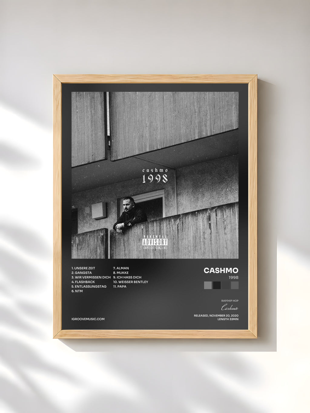 #bois Tableau de l'album 1998 de Cashmo, cadre en bois brut, imprimé et encadré en France