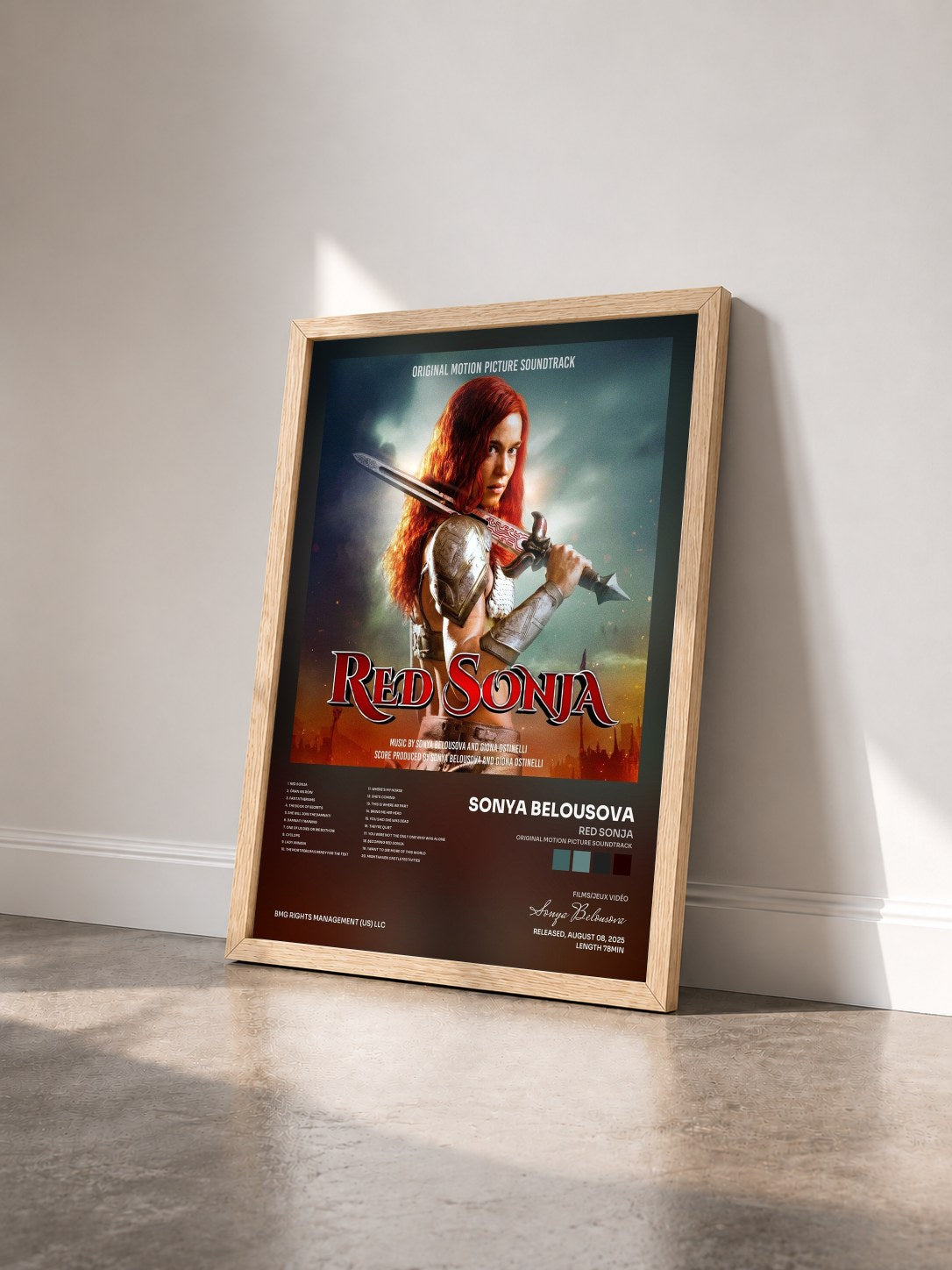 #bois Tableau de l'album Red Sonja (Original Motion Picture Soundtrack) de Sonya Belousova vu de trois quarts, cadre en bois brut