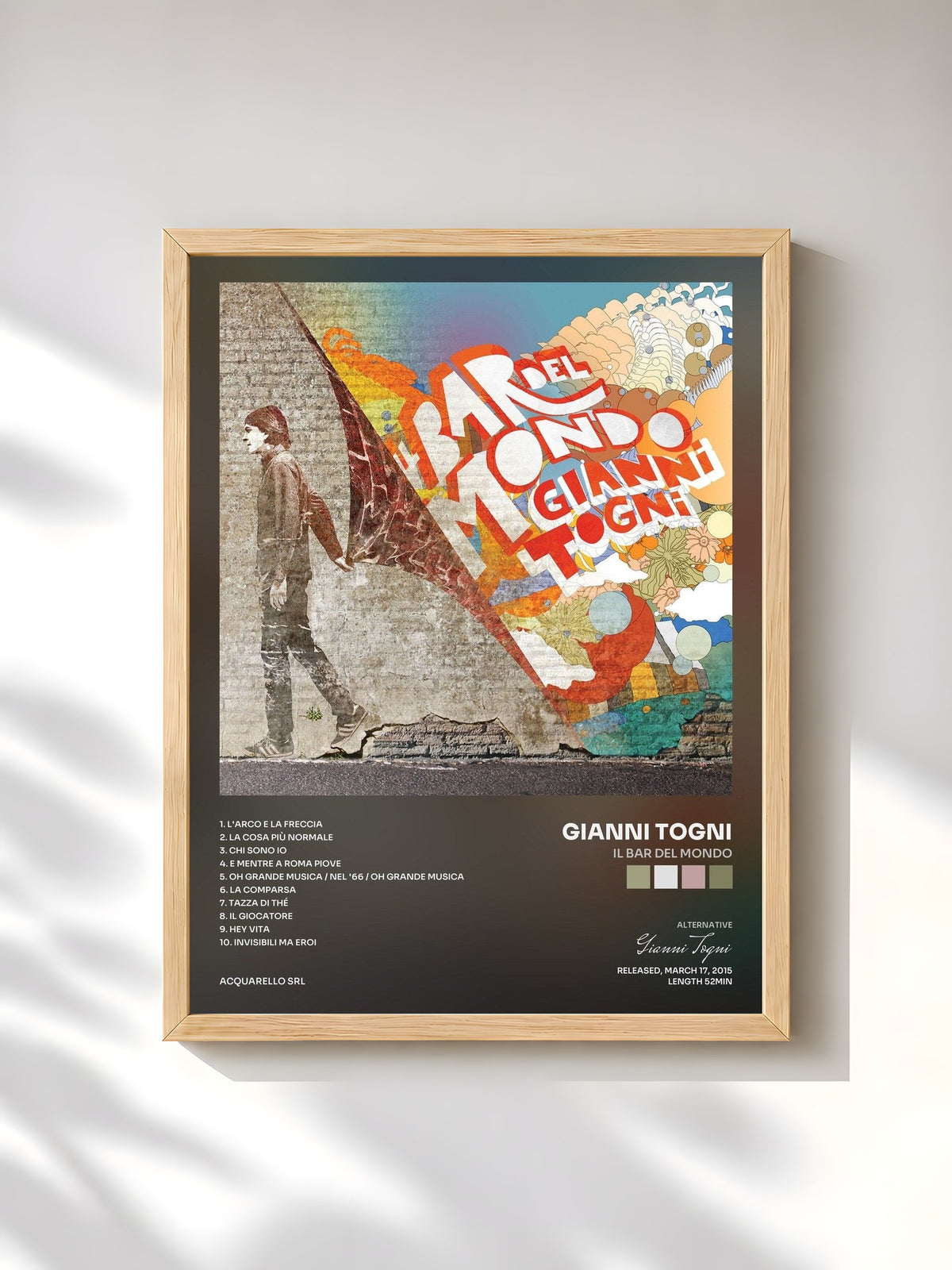 #bois Tableau de l'album Il bar del mondo de Gianni Togni, cadre en bois brut, imprimé et encadré en France