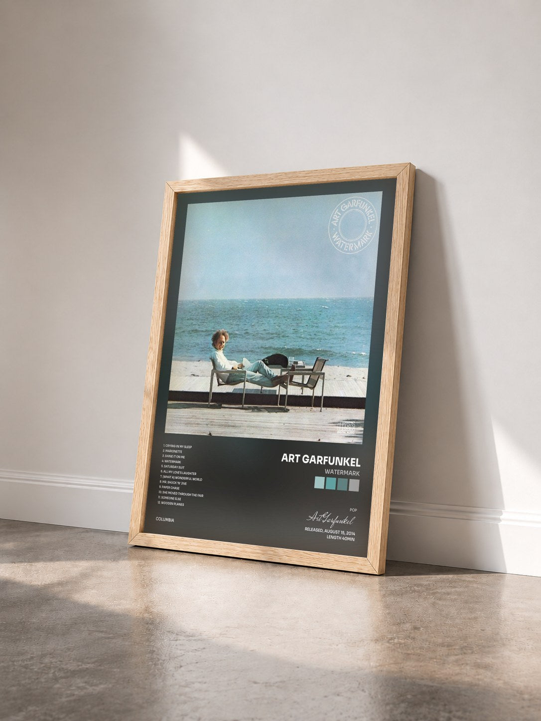 #bois Tableau de l'album Watermark de Art Garfunkel vu de trois quarts, cadre en bois brut