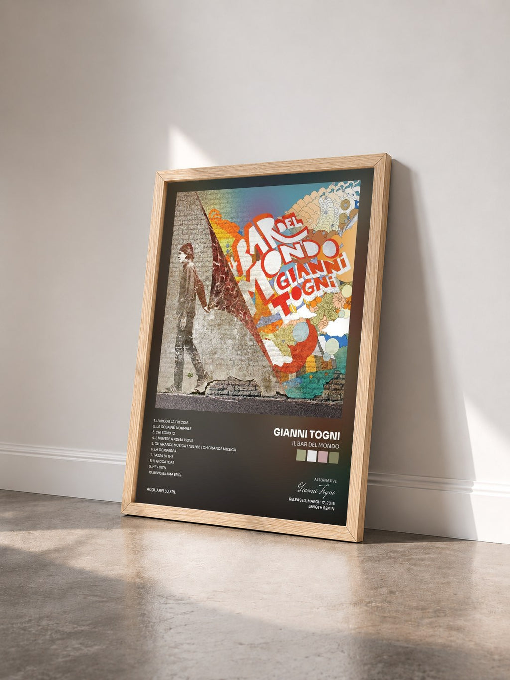 #bois Tableau de l'album Il bar del mondo de Gianni Togni vu de trois quarts, cadre en bois brut