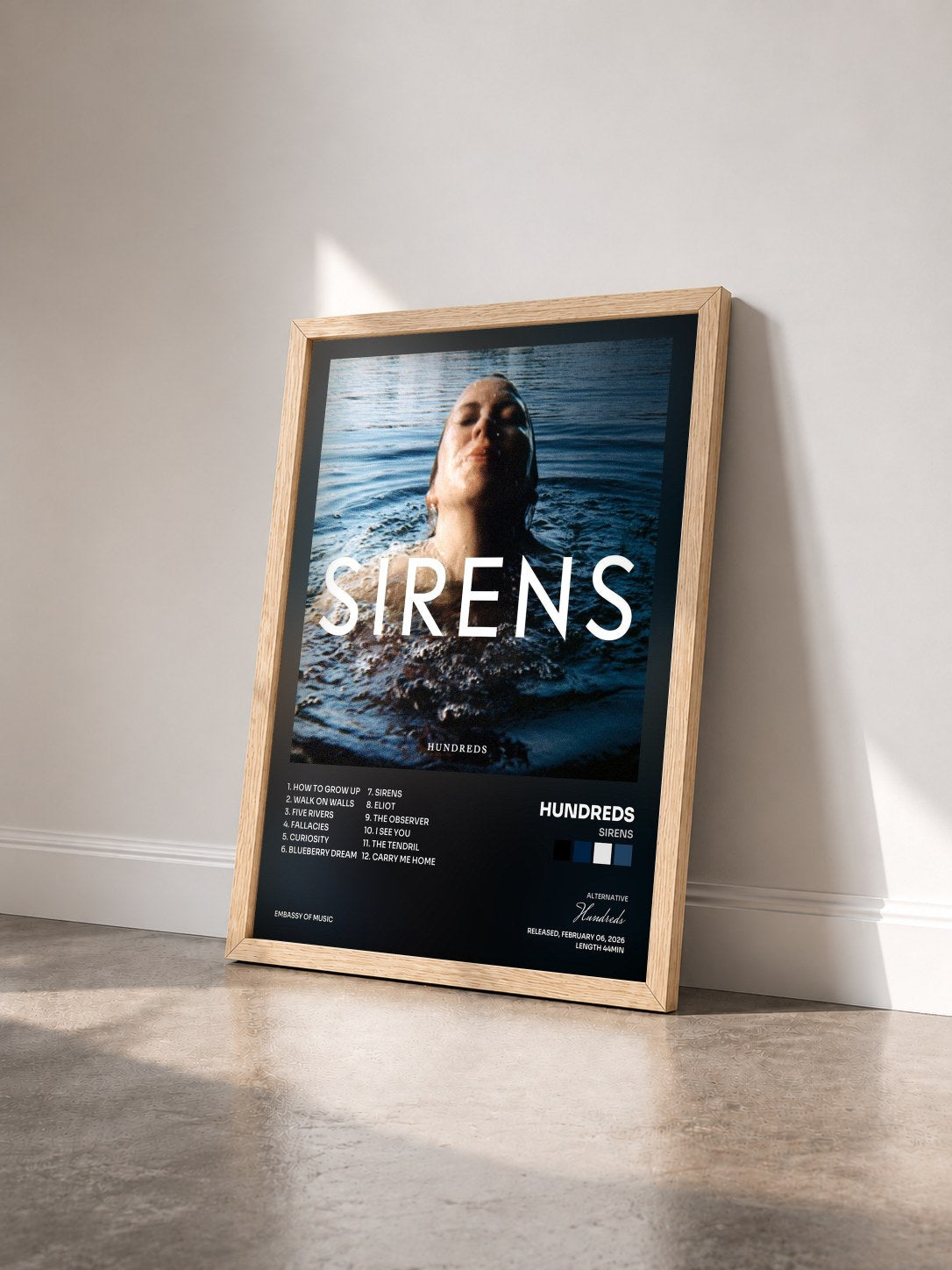 #bois Tableau de l'album Sirens de Hundreds vu de trois quarts, cadre en bois brut