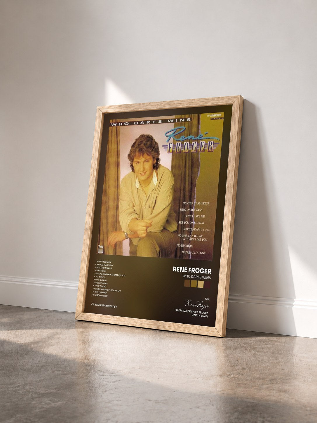 #bois Tableau de l'album Who Dares Wins de Rene Froger vu de trois quarts, cadre en bois brut