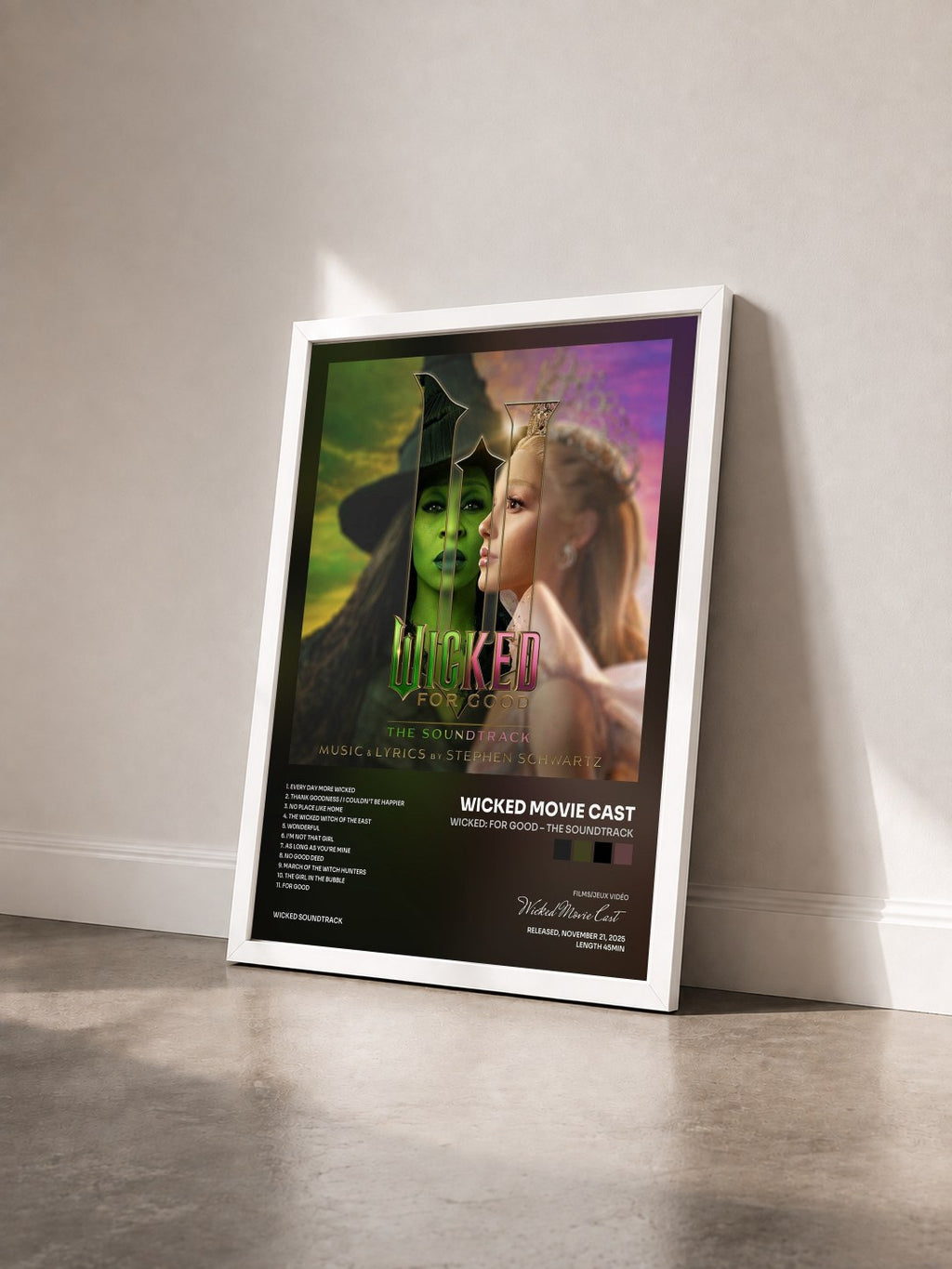 #blanc Tableau de l'album Wicked: For Good – The Soundtrack de Wicked Movie Cast vu de trois quarts, cadre blanc