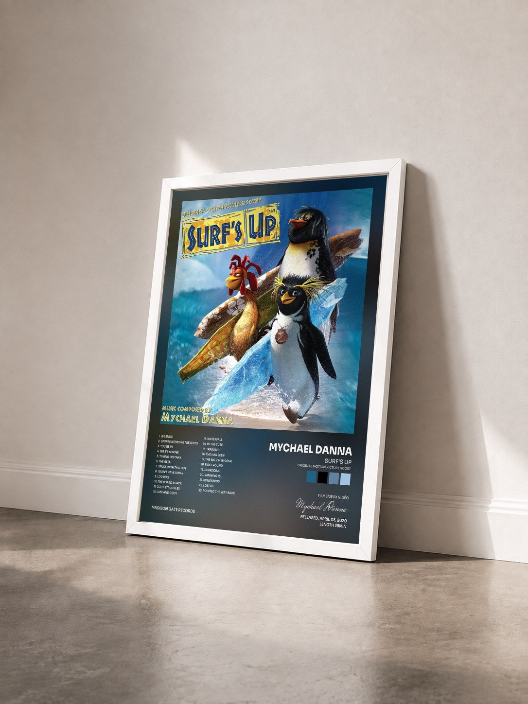 #blanc Tableau de l'album Surf's up (Original Motion Picture Score) de Mychael Danna vu de trois quarts, cadre blanc