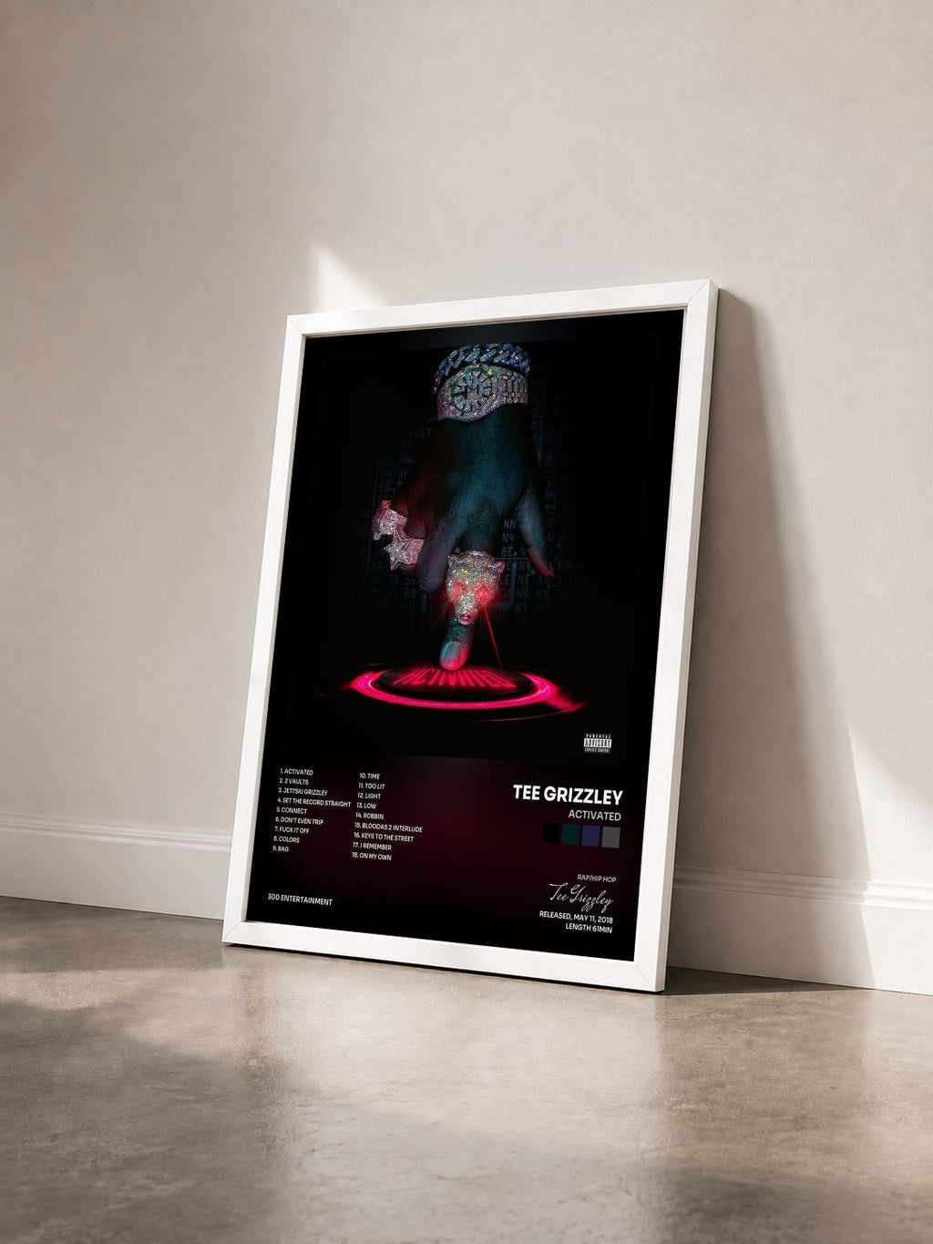 #blanc Tableau de l'album Activated de Tee Grizzley vu de trois quarts, cadre blanc