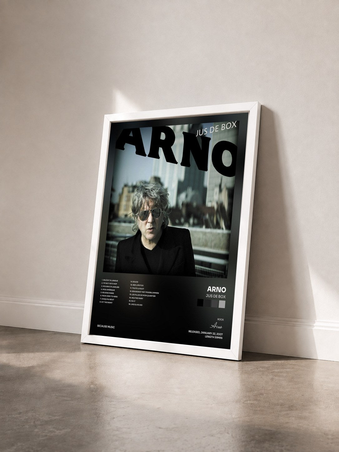 #blanc Tableau de l'album Jus de box de Arno vu de trois quarts, cadre blanc