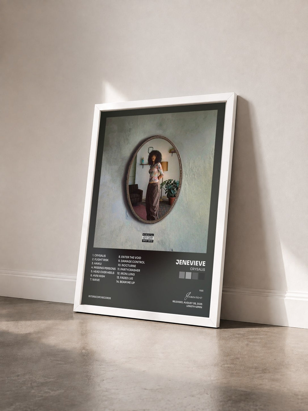#blanc Tableau de l'album CRYSALIS de Jenevieve vu de trois quarts, cadre blanc
