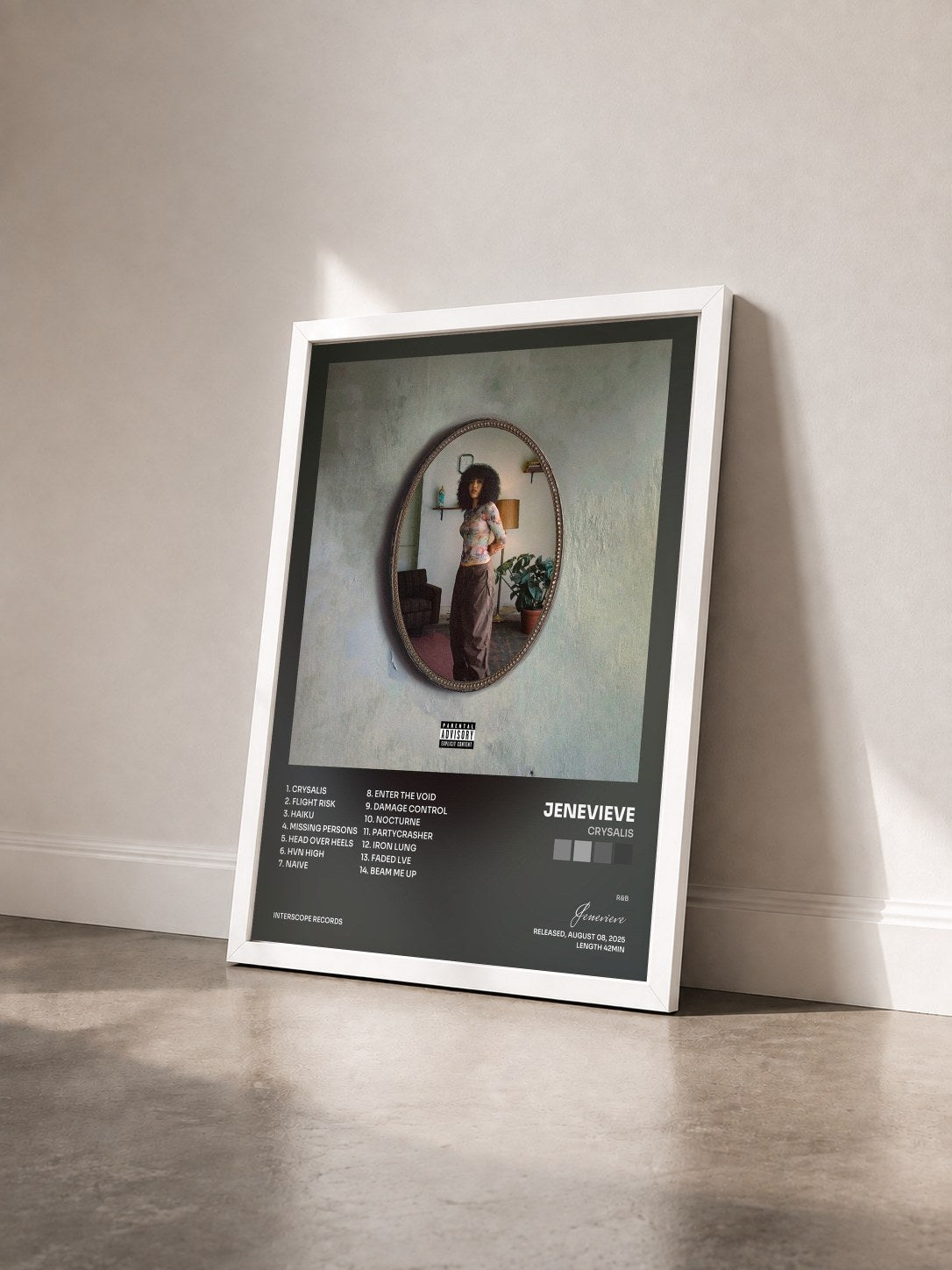 #blanc Tableau de l'album CRYSALIS de Jenevieve vu de trois quarts, cadre blanc