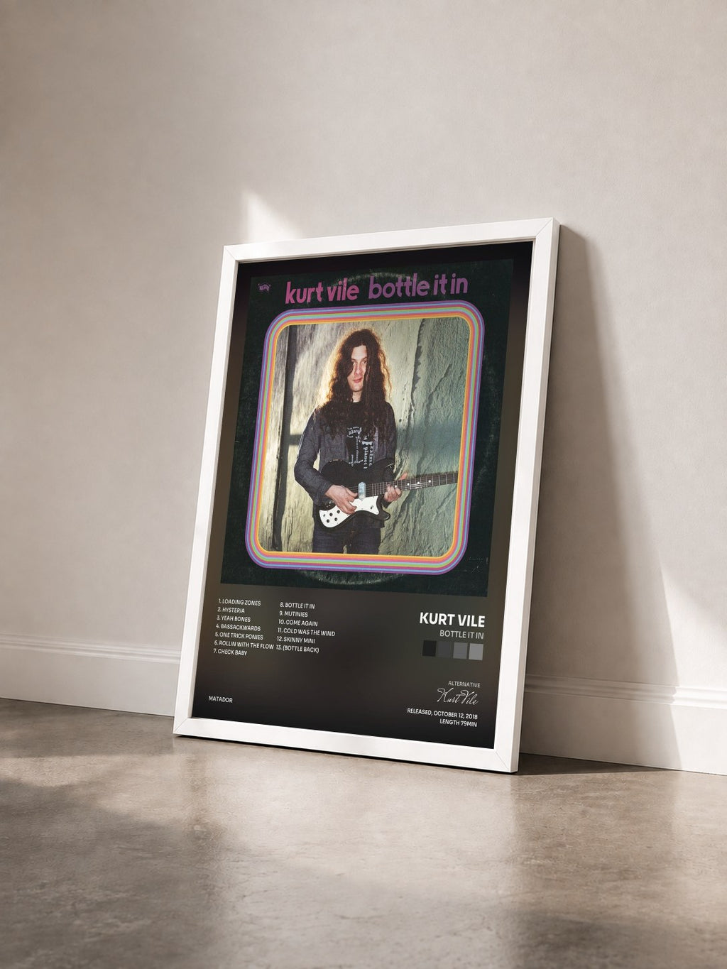 #blanc Tableau de l'album Bottle It In de Kurt Vile vu de trois quarts, cadre blanc