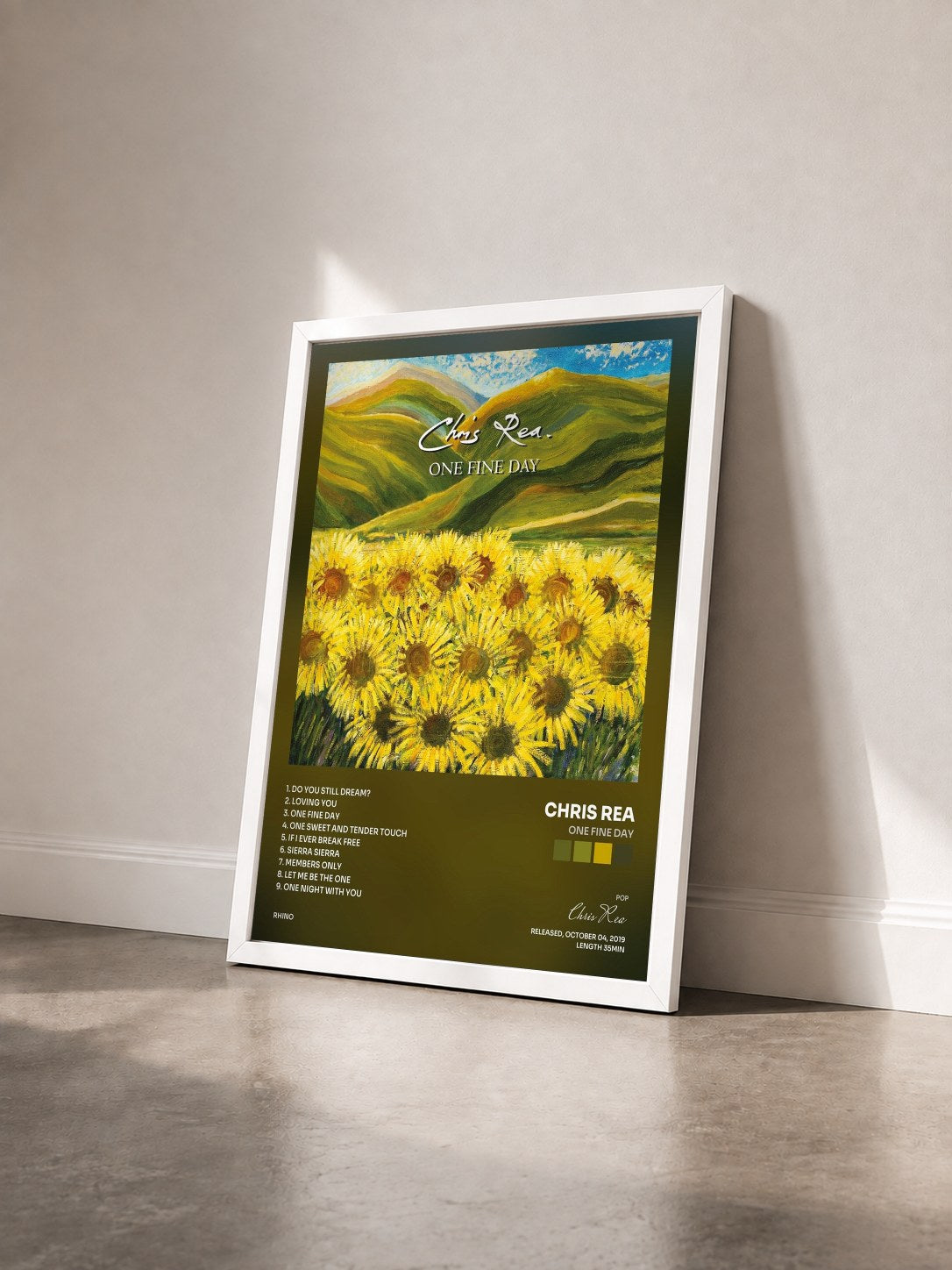 #blanc Tableau de l'album One Fine Day de Chris Rea vu de trois quarts, cadre blanc