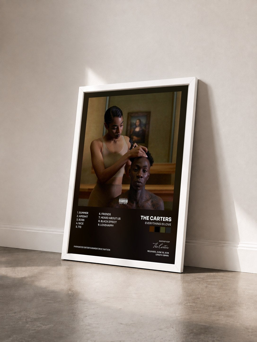 #blanc Tableau de l'album EVERYTHING IS LOVE de The Carters vu de trois quarts, cadre blanc