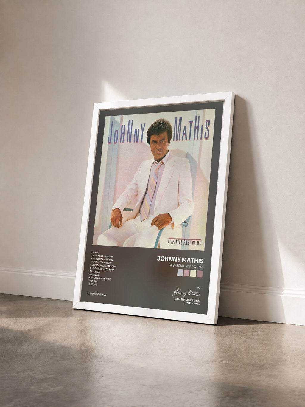 #blanc Tableau de l'album A Special Part of Me de Johnny Mathis vu de trois quarts, cadre blanc