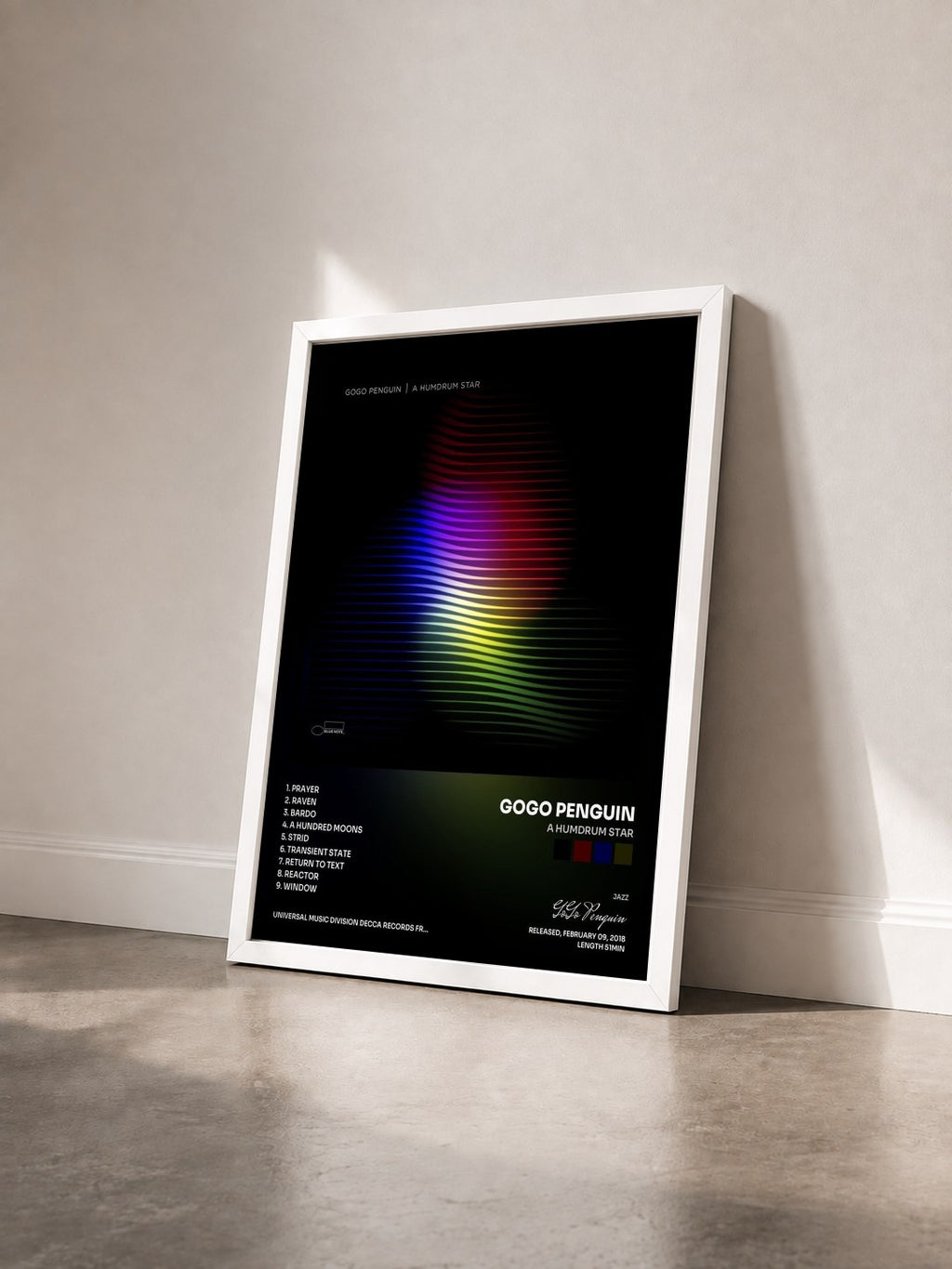 #blanc Tableau de l'album A Humdrum Star de GoGo Penguin vu de trois quarts, cadre blanc