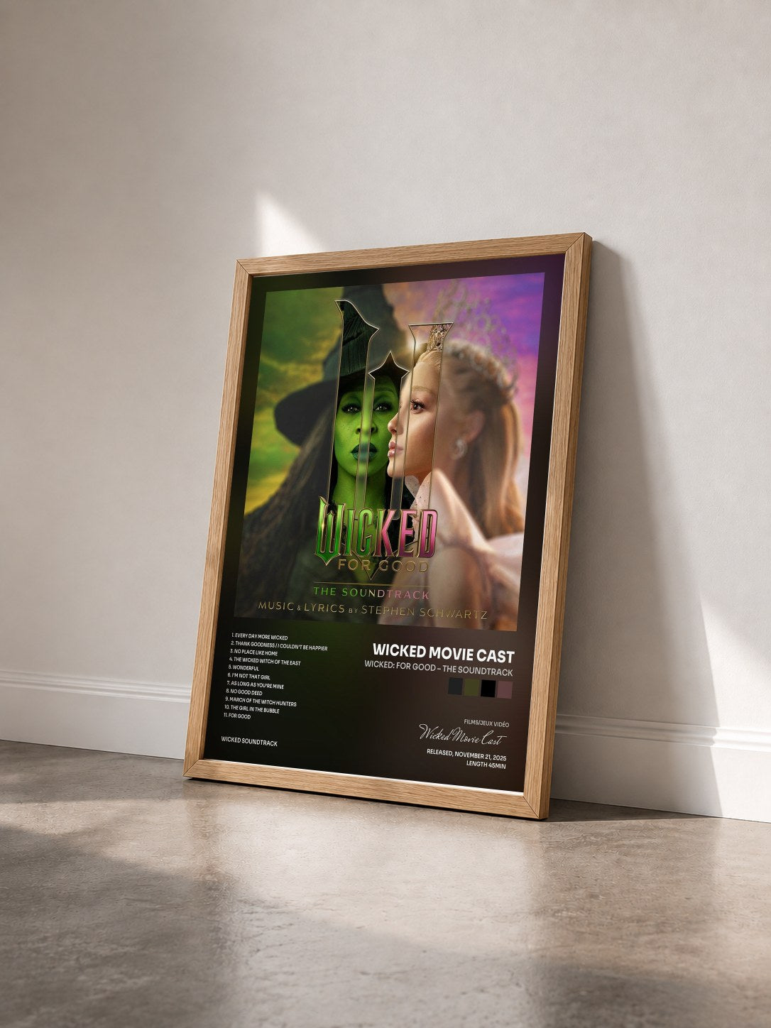 #bois Tableau de l'album Wicked: For Good – The Soundtrack de Wicked Movie Cast vu de trois quarts, cadre en bois brut