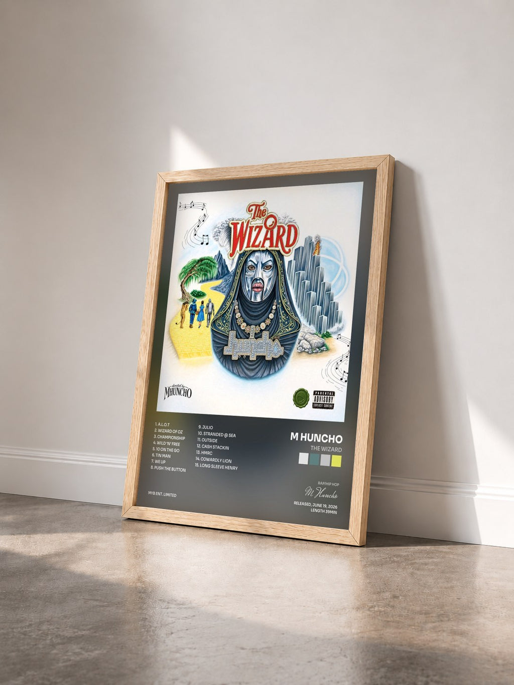 #bois Tableau de l'album THE WIZARD de M Huncho vu de trois quarts, cadre en bois brut