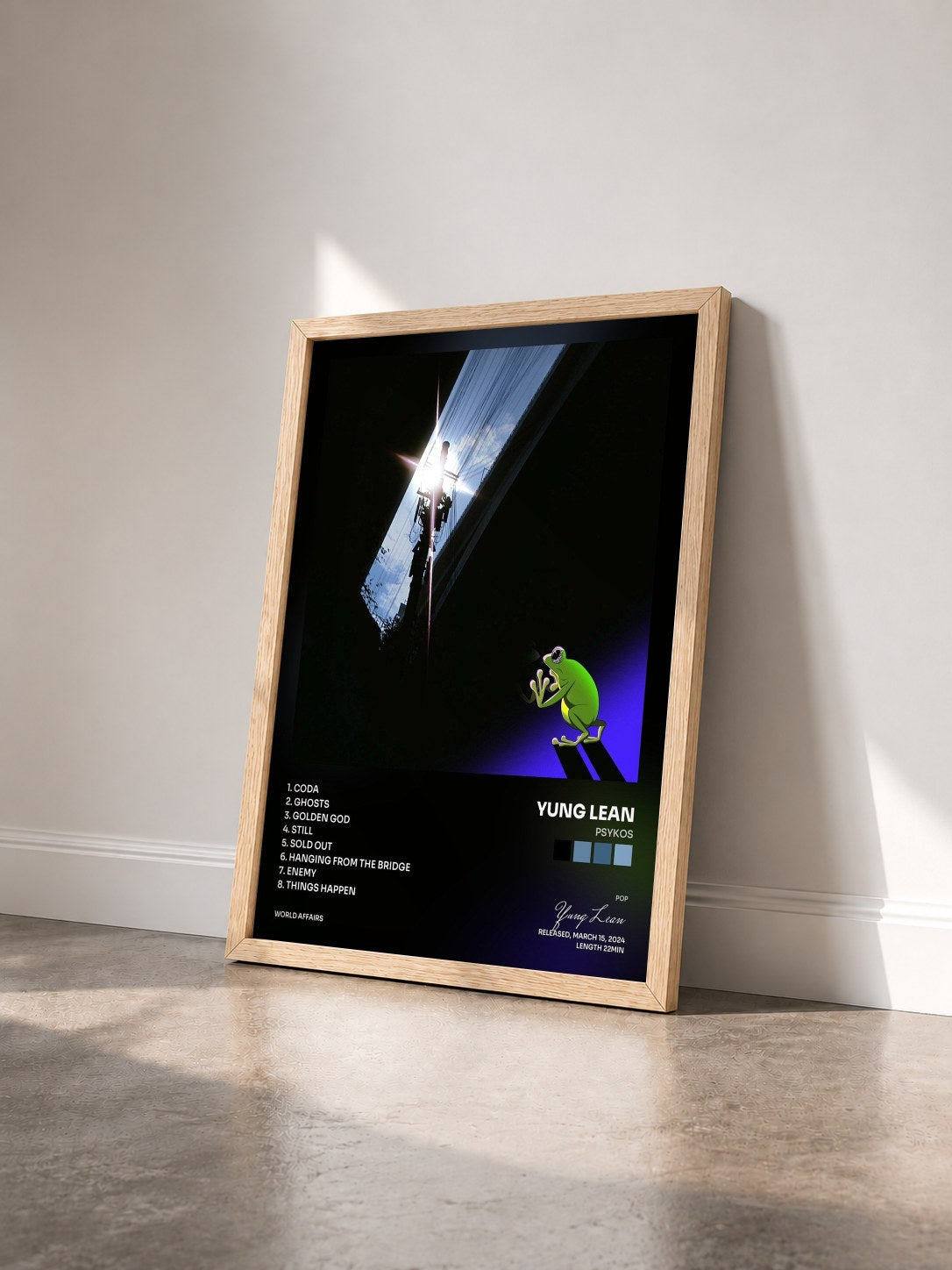 #bois Tableau de l'album Psykos de Yung Lean vu de trois quarts, cadre en bois brut