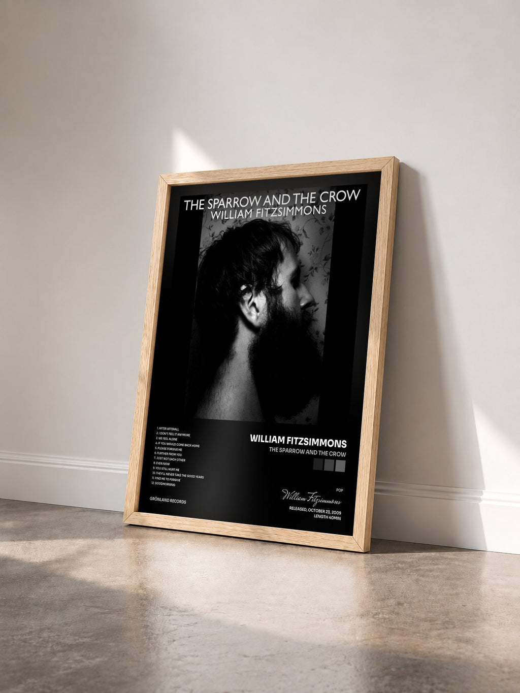 #bois Tableau de l'album The Sparrow and the Crow de William Fitzsimmons vu de trois quarts, cadre en bois brut