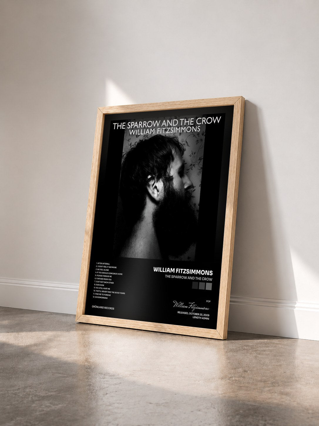 #bois Tableau de l'album The Sparrow and the Crow de William Fitzsimmons vu de trois quarts, cadre en bois brut