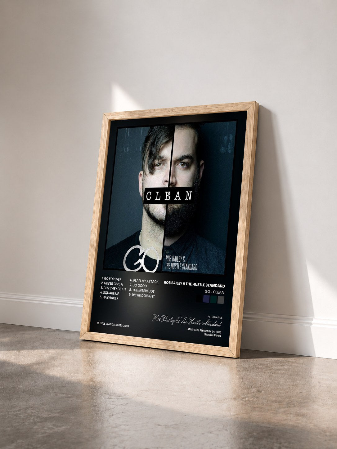 #bois Tableau de l'album Go - Clean de Rob Bailey & The Hustle Standard vu de trois quarts, cadre en bois brut