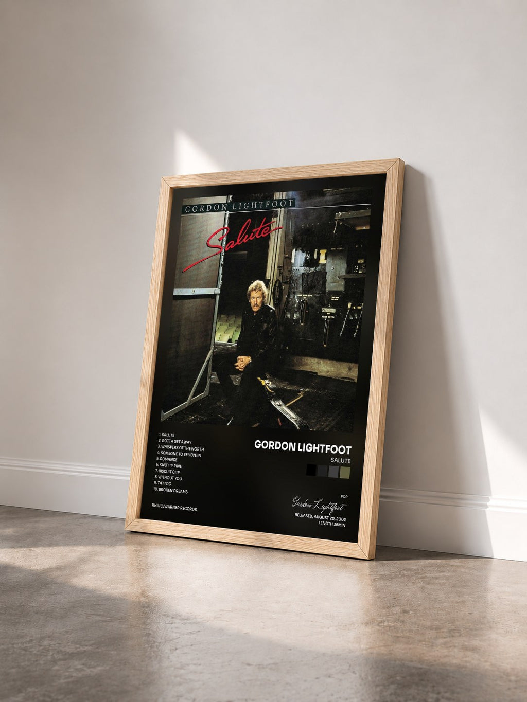 #bois Tableau de l'album Salute de Gordon Lightfoot vu de trois quarts, cadre en bois brut
