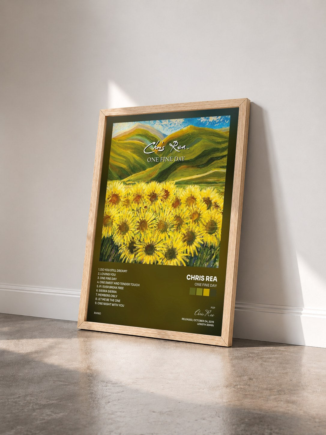 #bois Tableau de l'album One Fine Day de Chris Rea vu de trois quarts, cadre en bois brut