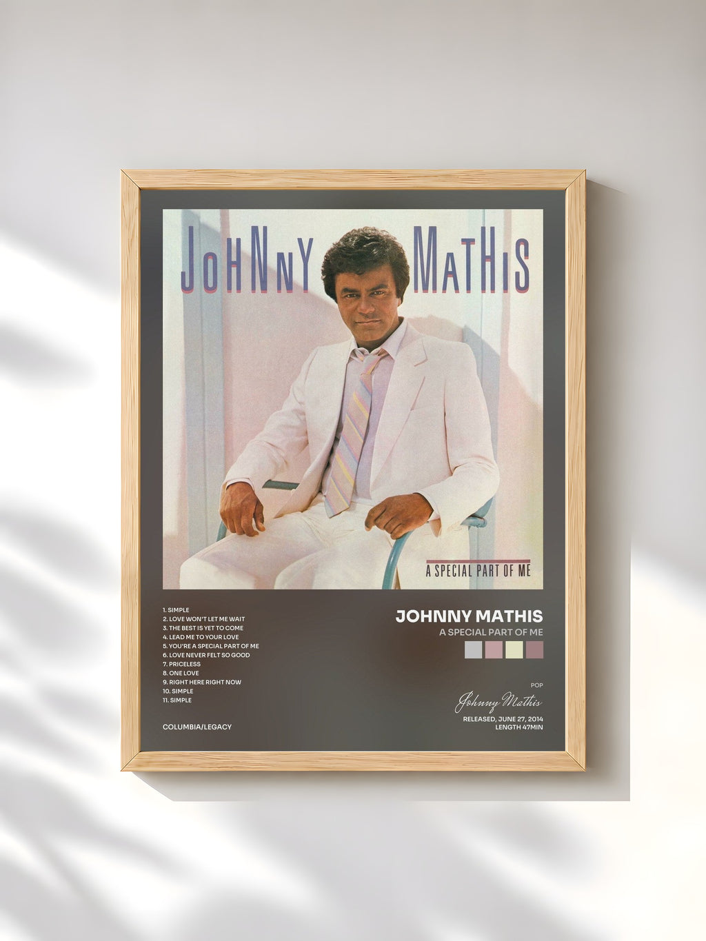 #bois Tableau de l'album A Special Part of Me de Johnny Mathis, cadre en bois brut, imprimé et encadré en France