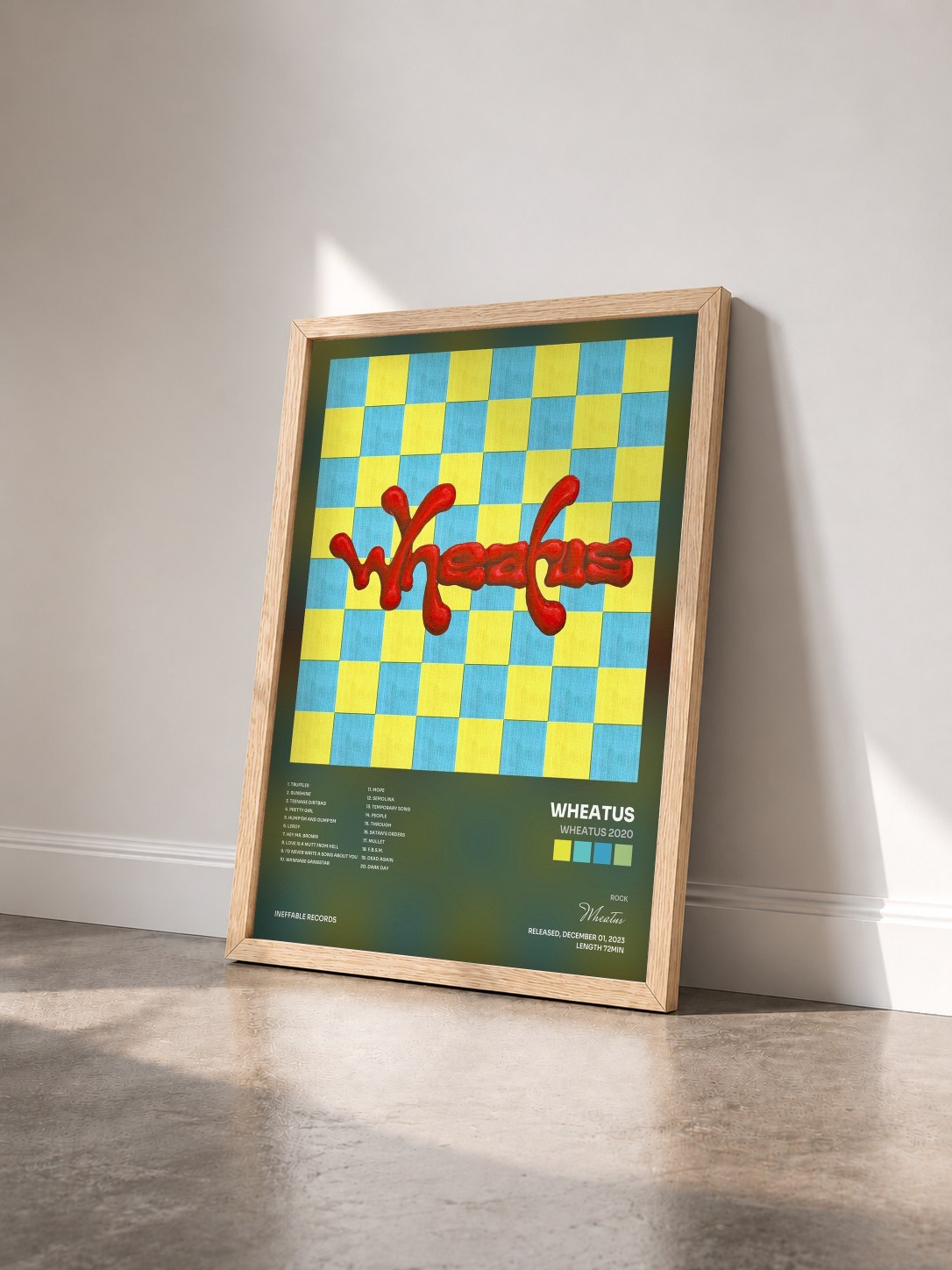 #bois Tableau de l'album Wheatus 2020 de Wheatus vu de trois quarts, cadre en bois brut