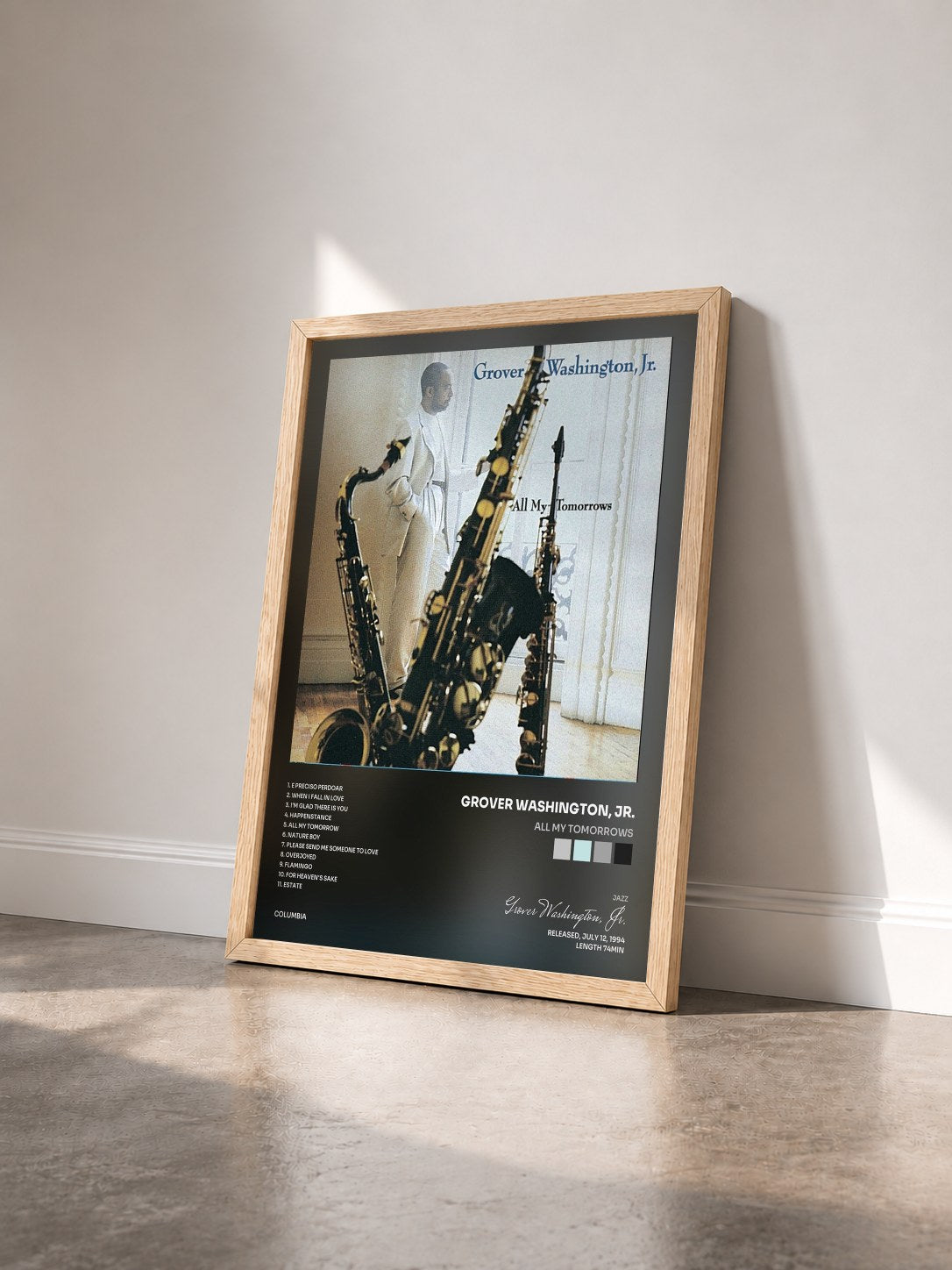 #bois Tableau de l'album All My Tomorrows de Grover Washington, Jr. vu de trois quarts, cadre en bois brut