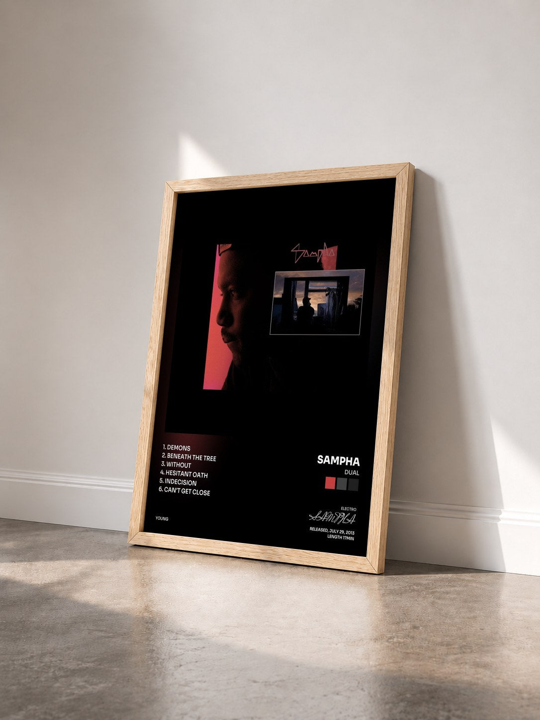 #bois Tableau de l'album Dual de SAMPHA vu de trois quarts, cadre en bois brut