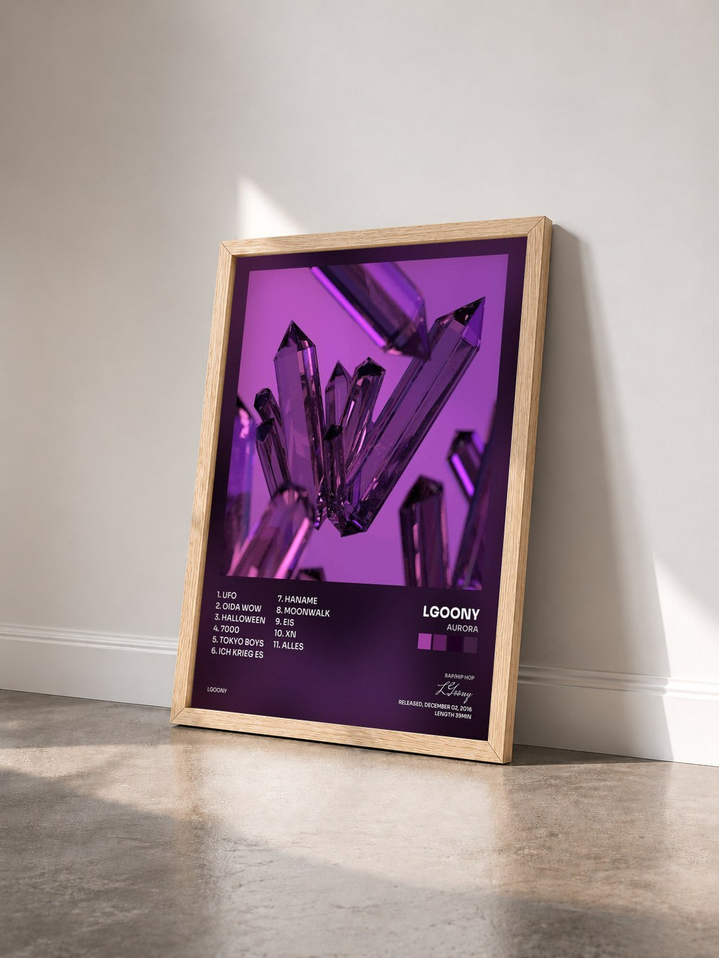 #bois Tableau de l'album Aurora de LGoony vu de trois quarts, cadre en bois brut