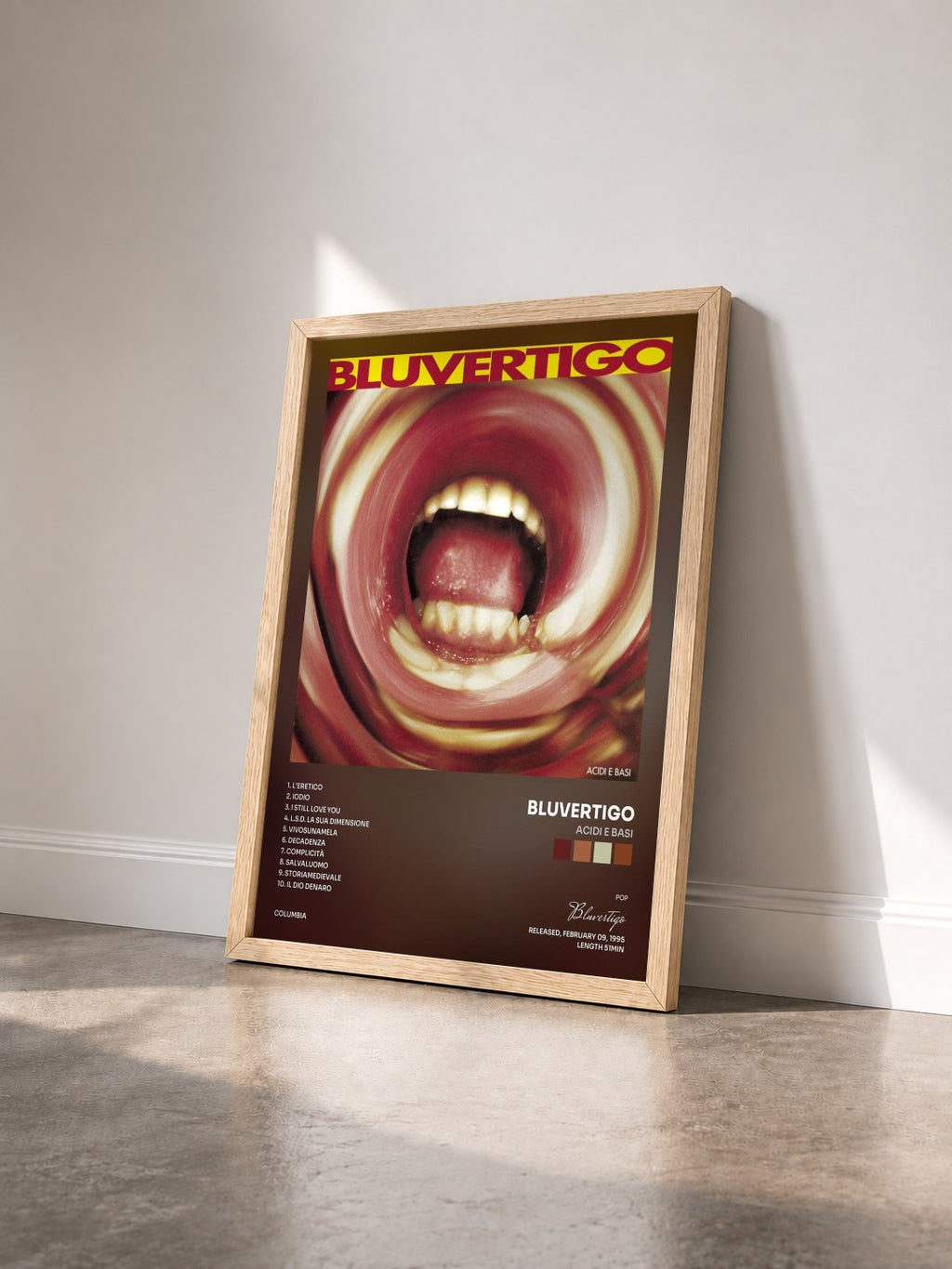 #bois Tableau de l'album Acidi E Basi de Bluvertigo vu de trois quarts, cadre en bois brut