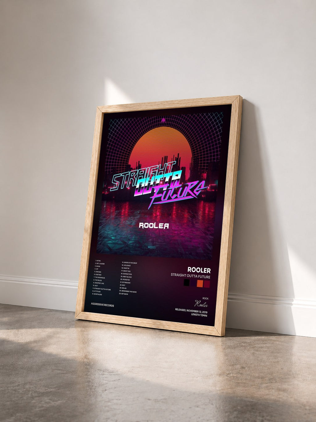 #bois Tableau de l'album STRAIGHT OUTTA FUTURE de Rooler vu de trois quarts, cadre en bois brut