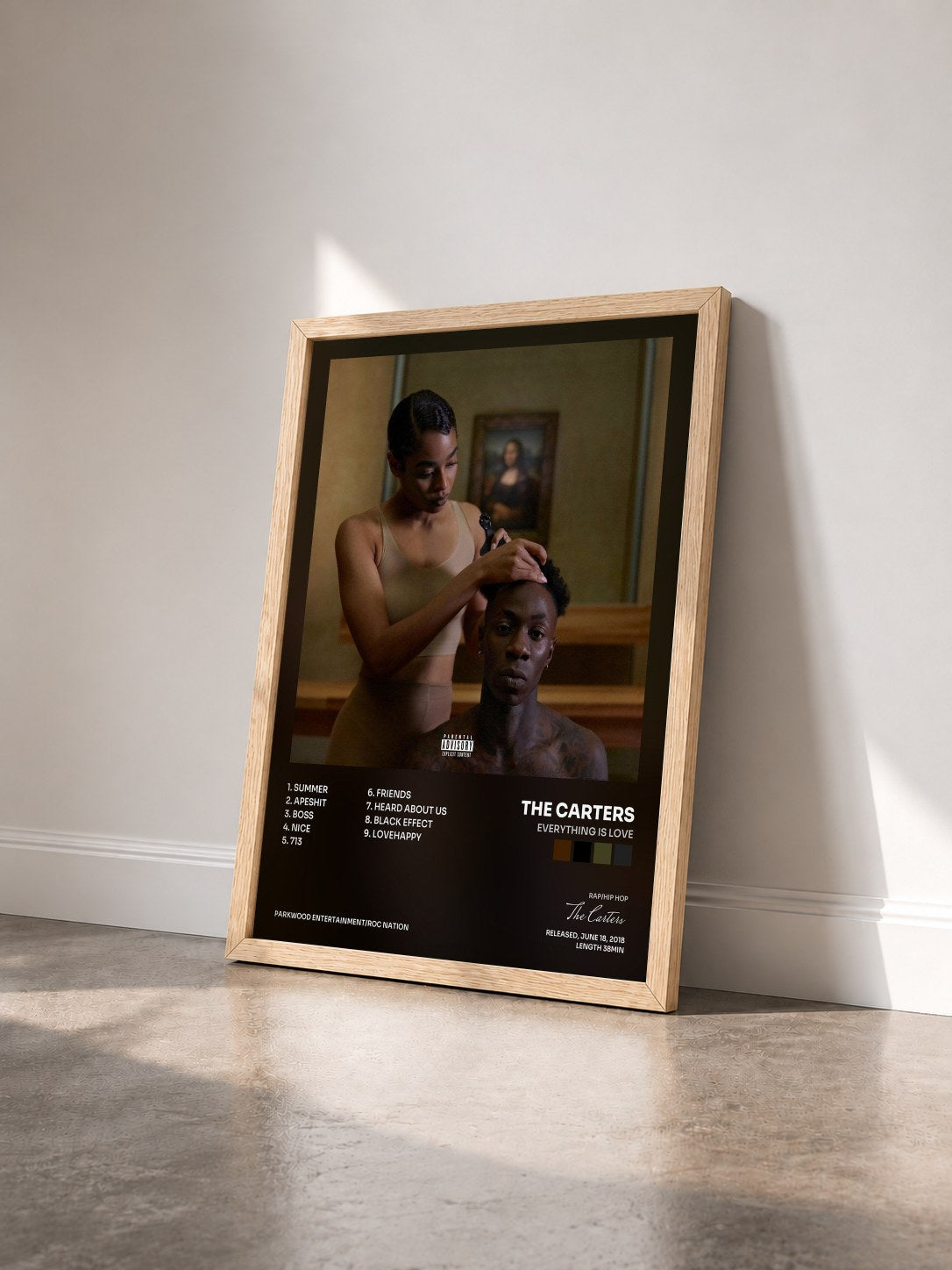 #bois Tableau de l'album EVERYTHING IS LOVE de The Carters vu de trois quarts, cadre en bois brut