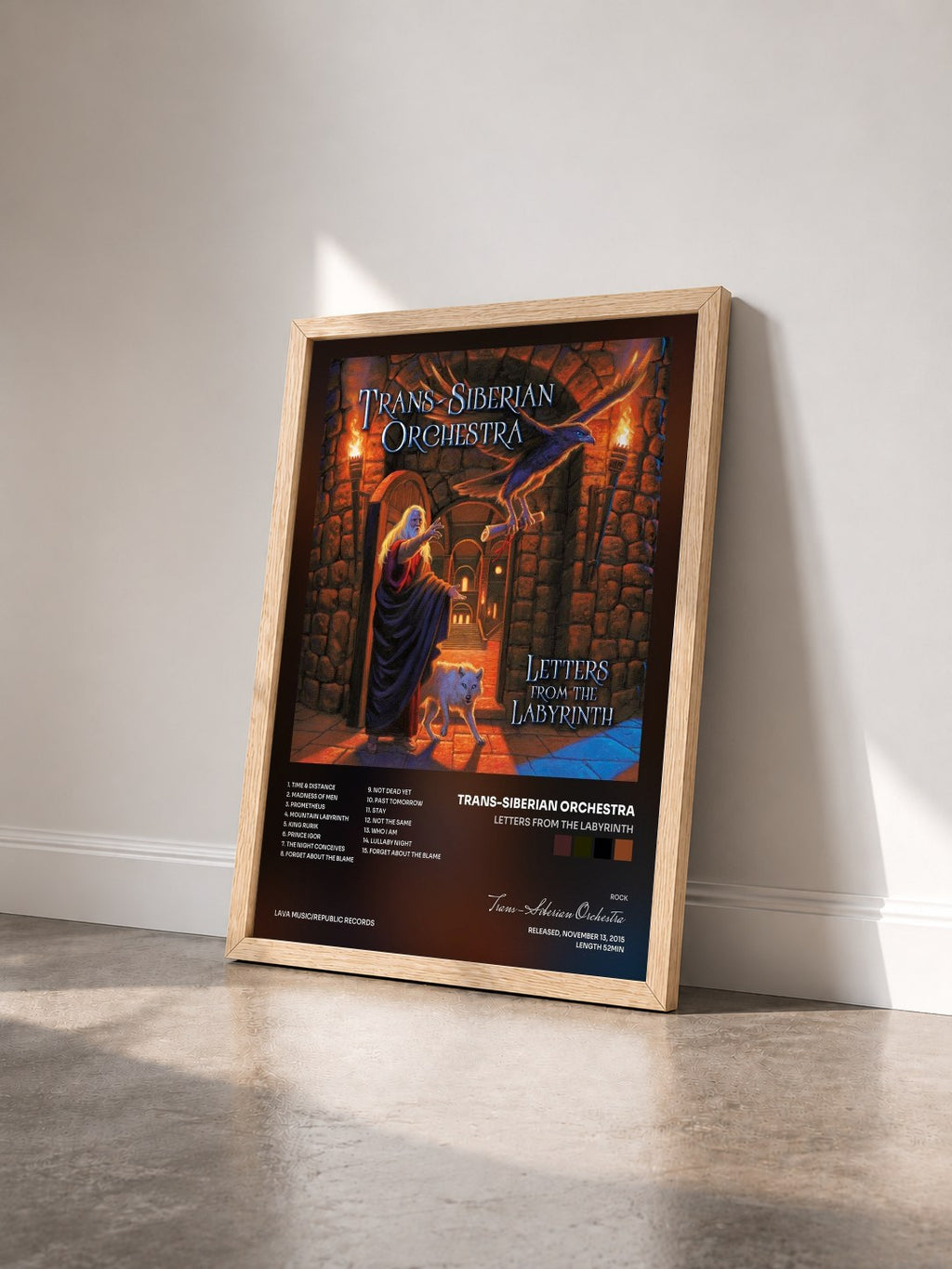 #bois Tableau de l'album Letters From The Labyrinth de Trans-Siberian Orchestra vu de trois quarts, cadre en bois brut