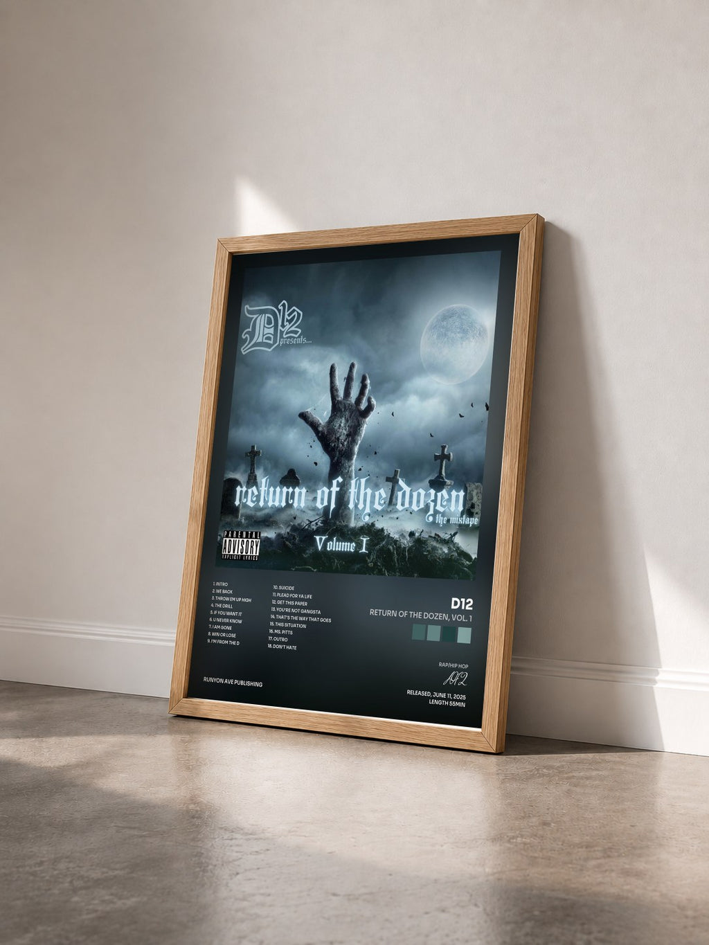 #bois Tableau de l'album Return of the Dozen, Vol. 1 de D12 vu de trois quarts, cadre en bois brut