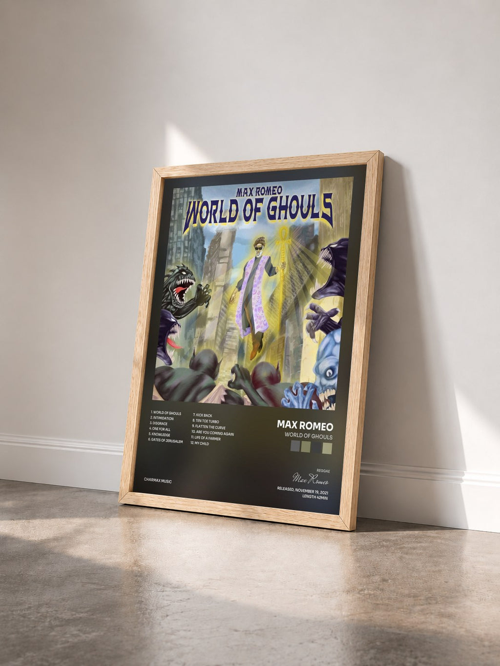 #bois Tableau de l'album World Of Ghouls de Max Romeo vu de trois quarts, cadre en bois brut