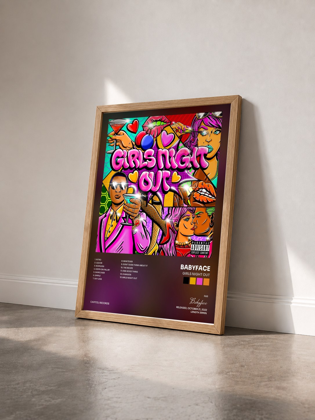 #bois Tableau de l'album Girls Night Out de Babyface vu de trois quarts, cadre en bois brut