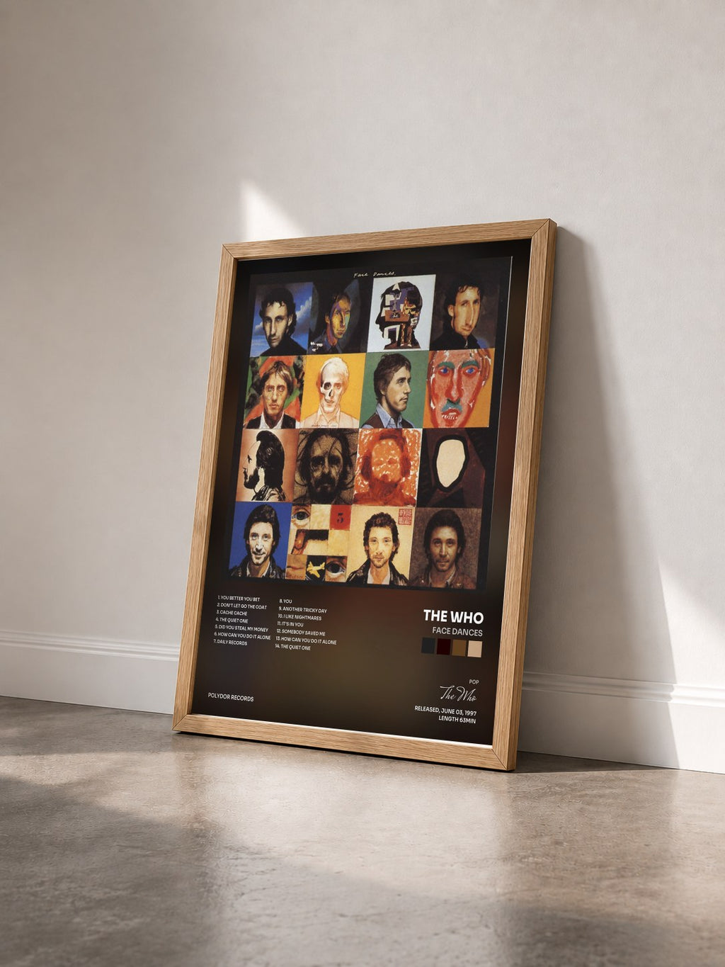 #bois Tableau de l'album Face Dances de The Who vu de trois quarts, cadre en bois brut