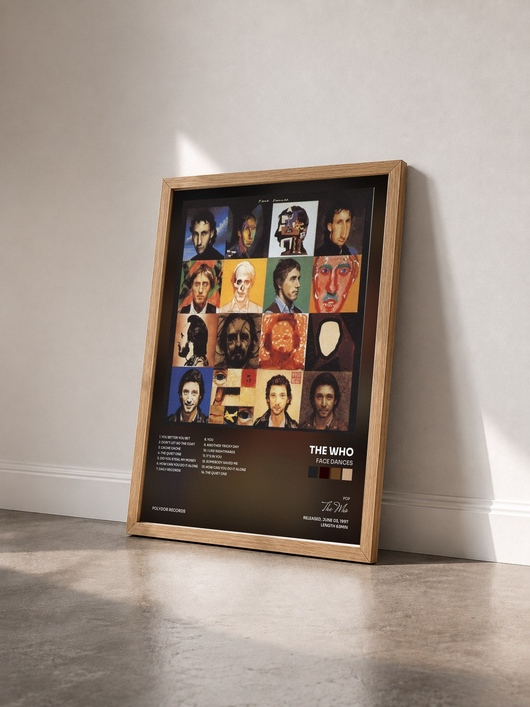 #bois Tableau de l'album Face Dances de The Who vu de trois quarts, cadre en bois brut